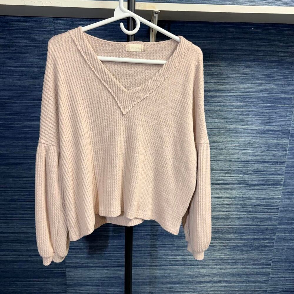 Alter'd State Pink Waffle Knit Oversized V Neck Sweater Small